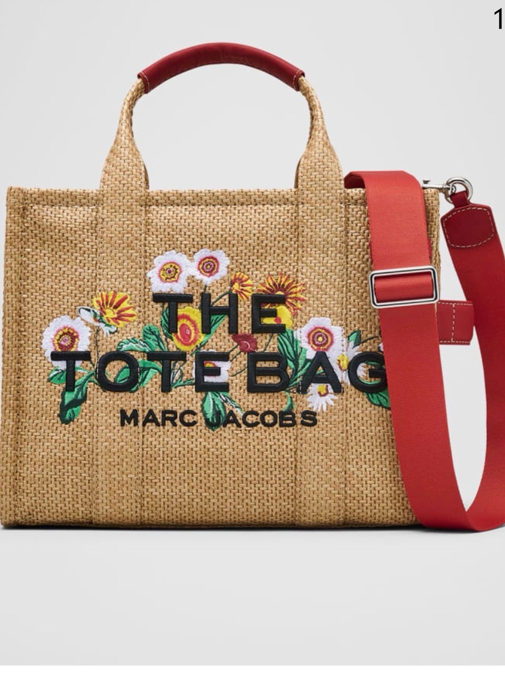 Marc Jacobs Straw Tote with Red Strap and Floral Embroidery